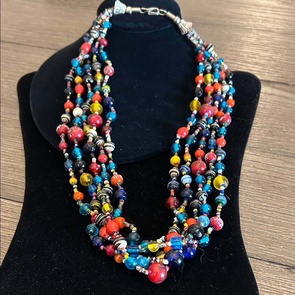 Vintage multi colored glass bead necklace 5 strand 25 1/2” total length EUC